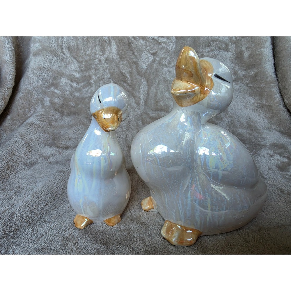 Vintage Artmark Japan Iridescent Pearlized Ceramic Duck Figurines Pair Gold Trim